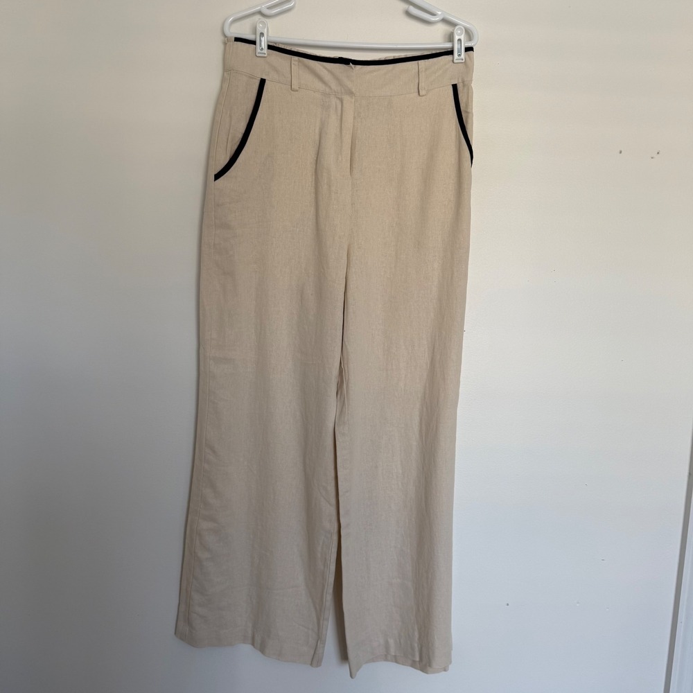 Tahari Women's Wide Leg Linen Blend Dress Pants Trousers Large Cream Black Trim